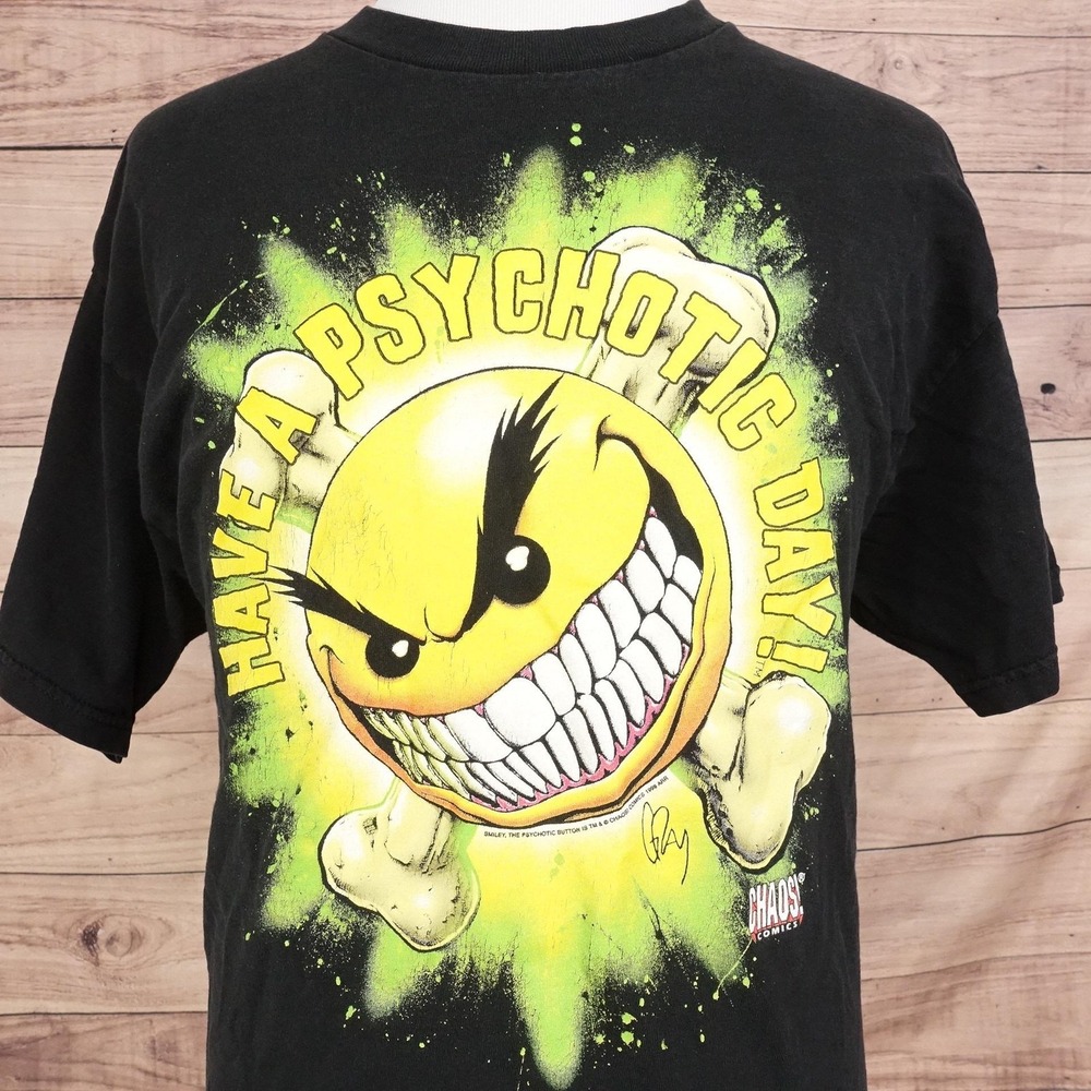 Vintage Fashion Victim Smiley Psychotic Shirt Mens XL Black Chaos Comics Tee
